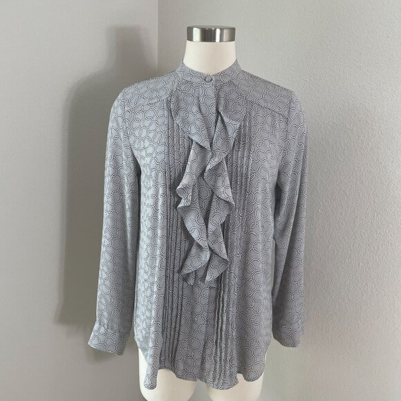 Ann Taylor Womens Small Ruffle Front Blouse Gray Circle Print Long Sleeve Shirt - Picture 1 of 9